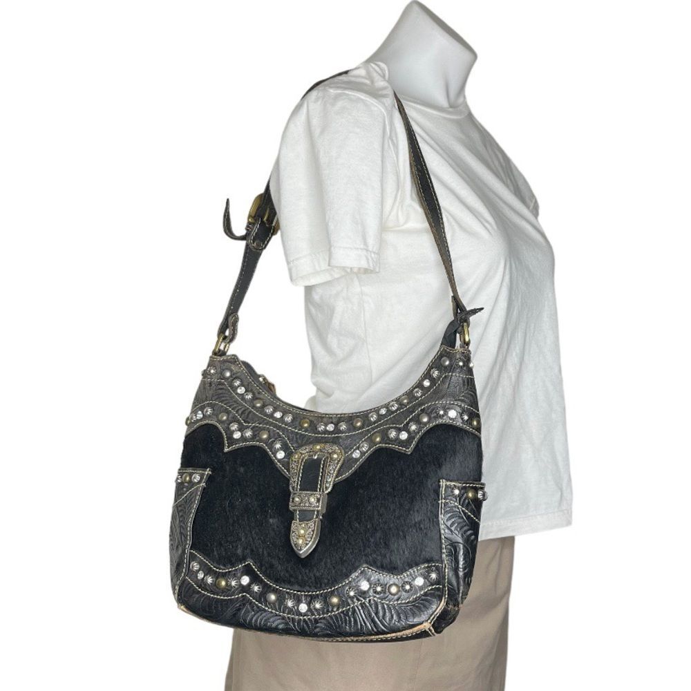 AMERICAN WEST Black Western Handbag Shoulder Bag Hair on Hide Leather Adjustable